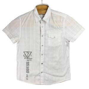 Guess Shirt Men M White Plaid Pearl Snap Casual Button Front Pocket Short Sleeve